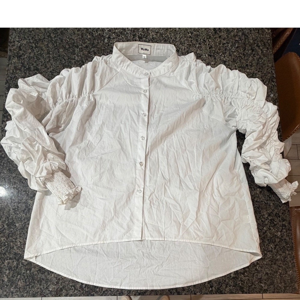 Wowo White Cotton Ruched Puff Sleeve Button Down Mandarin Collar Shirt XL